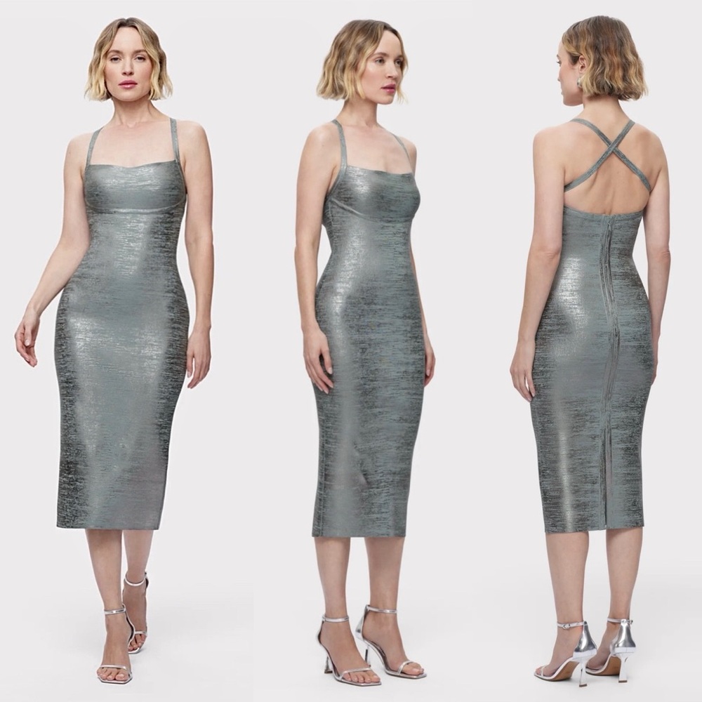 BNWT! Herve Leger Vinyl Foil Midi Dress in Smoke Foil SZ. Large